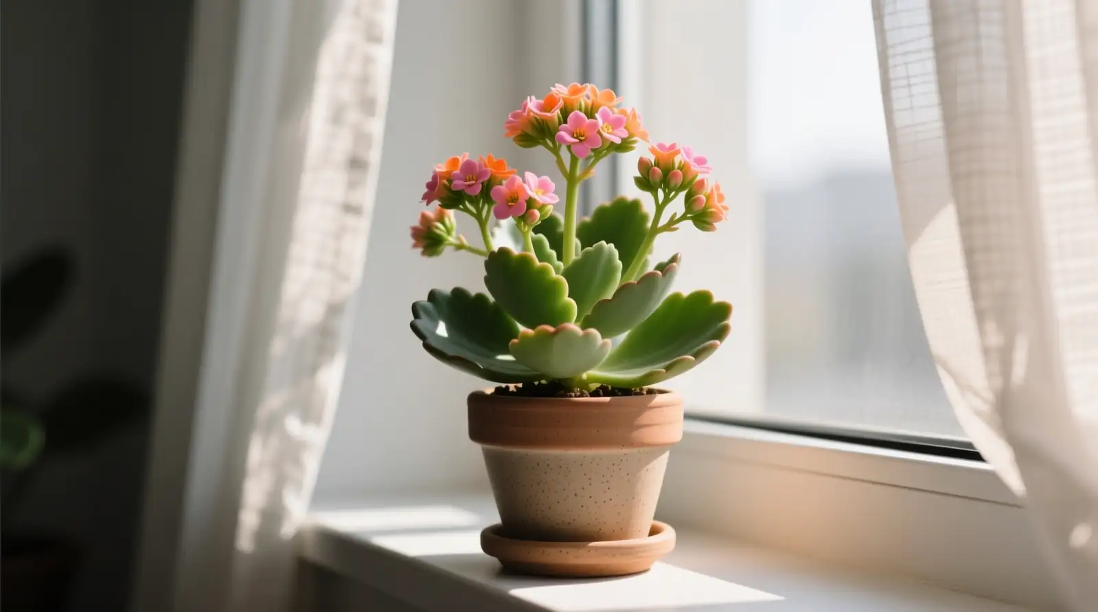 kalanchoe on windowsill with lights