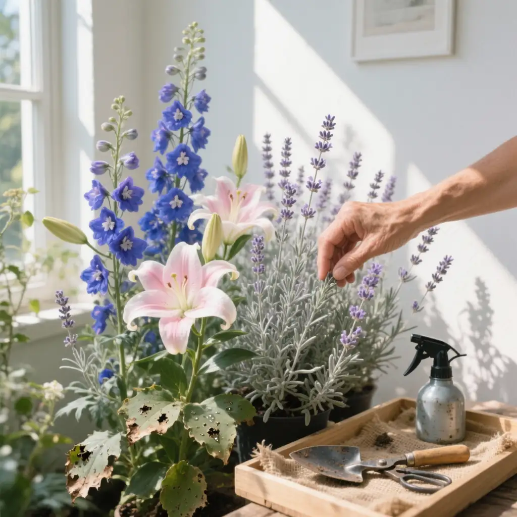 delphinium with lilies and lavender