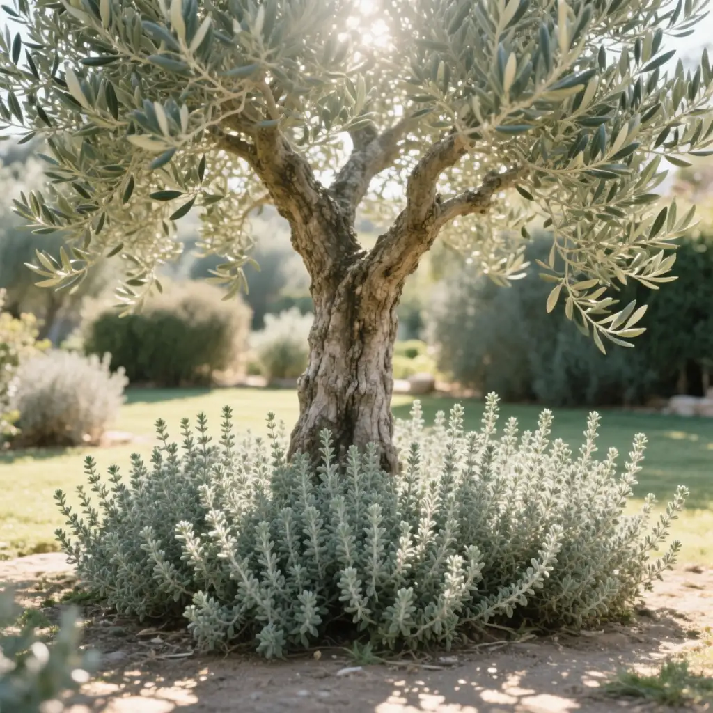 olive tree with thyme ground cover
