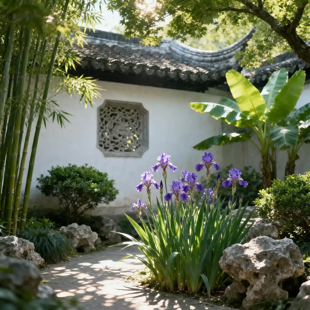 iris flower in traditional Chinese garden