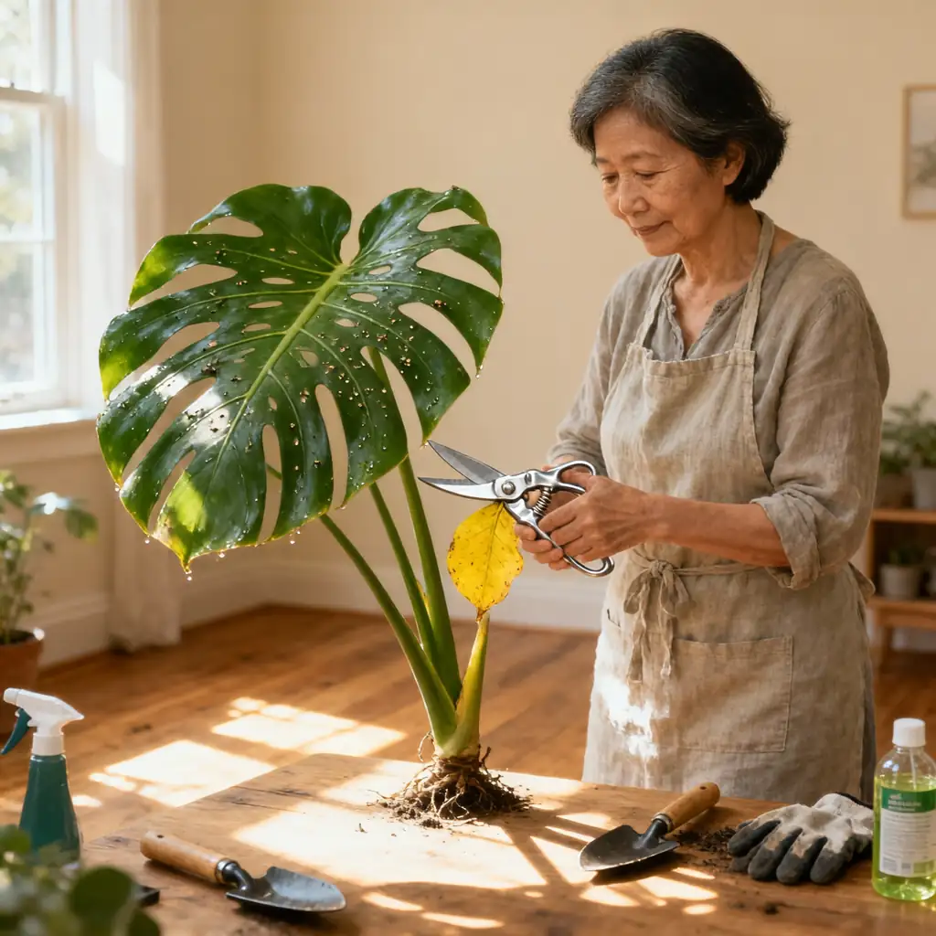 pruning Chinese evergreen leaves