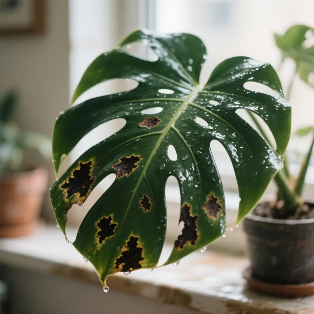 alocasia leaf with anthracnose spots