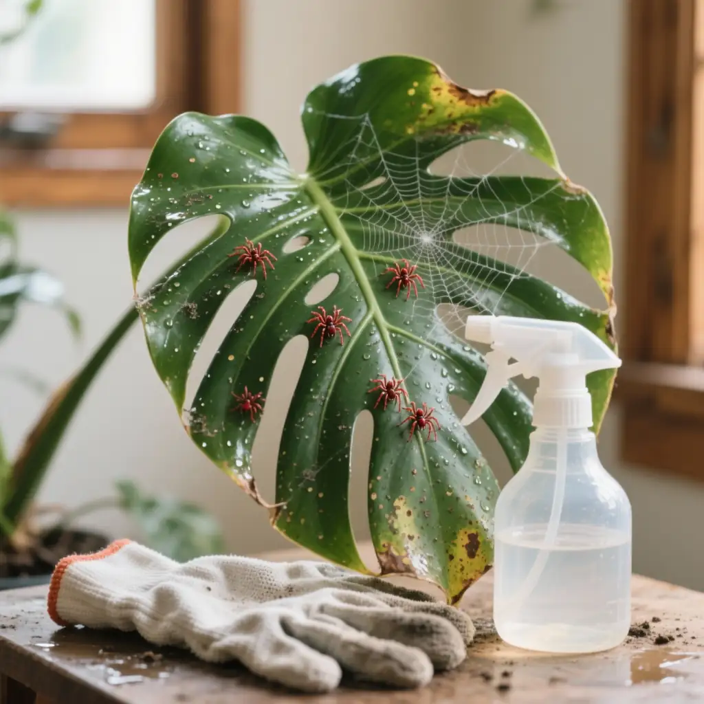 alocasia leaf underside with spider mites