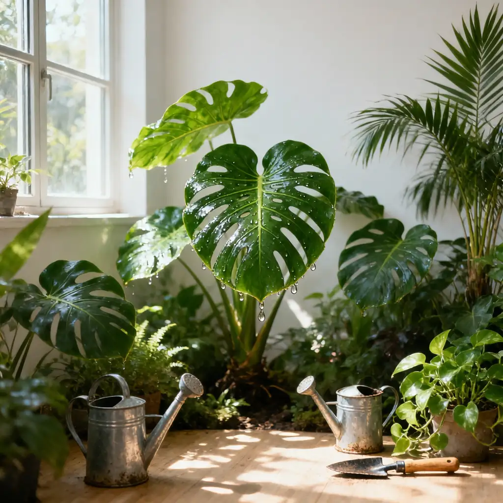 tropical indoor garden with alocasia