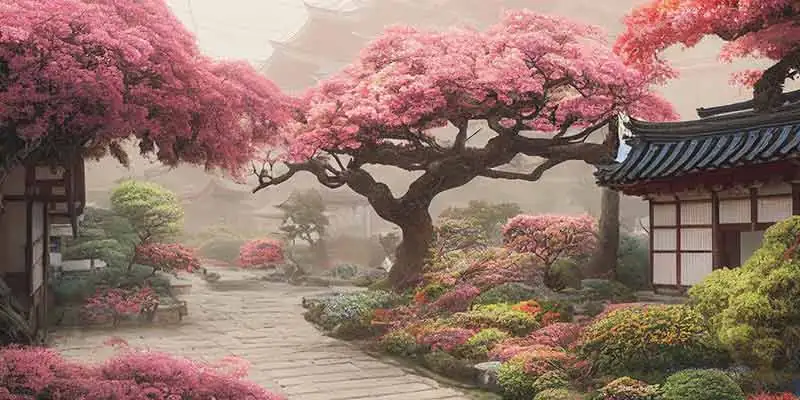 hollyhock in traditional Chinese setting