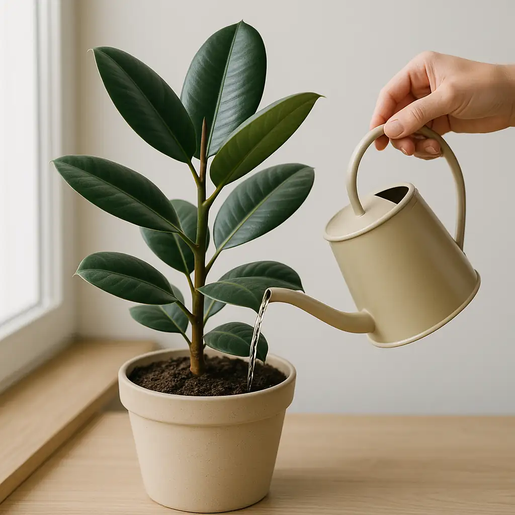 watering rubber plant soil