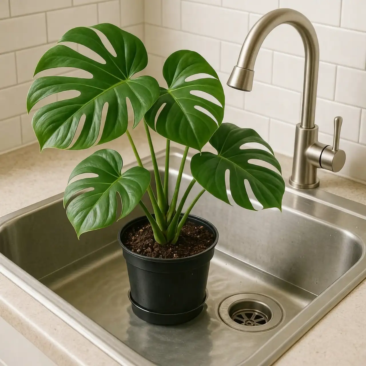 plant pot soaking in water basin