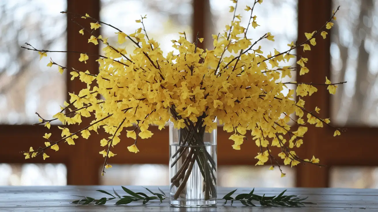 forsythia in glass vase on table