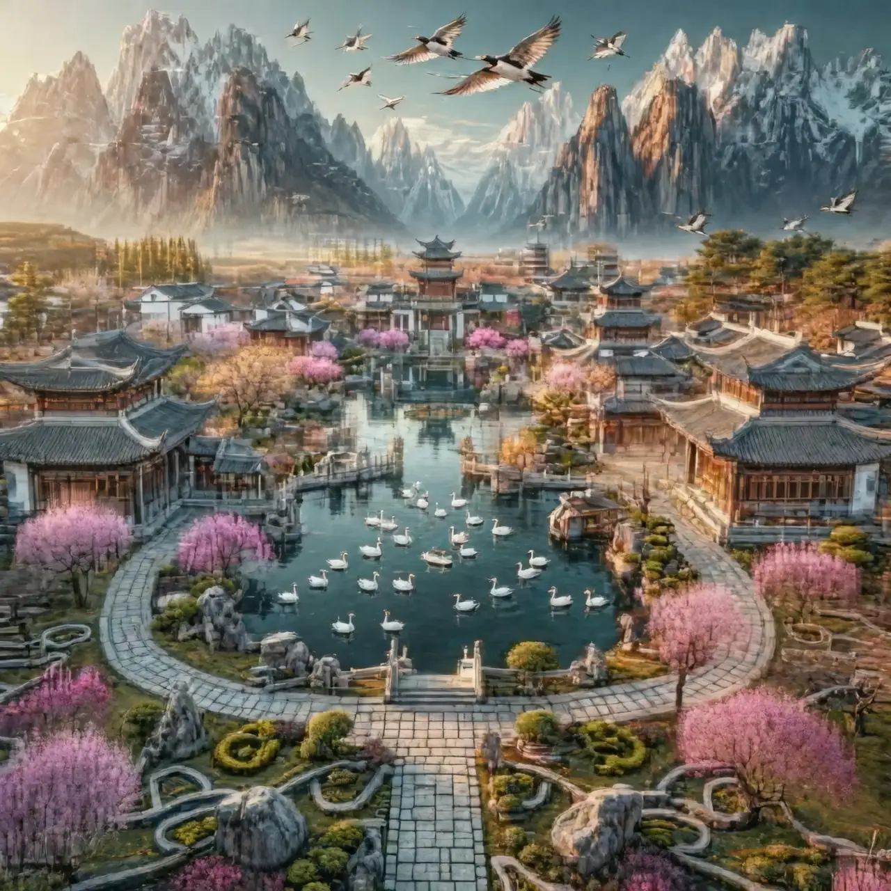 ancient chinese garden cherry blossoms