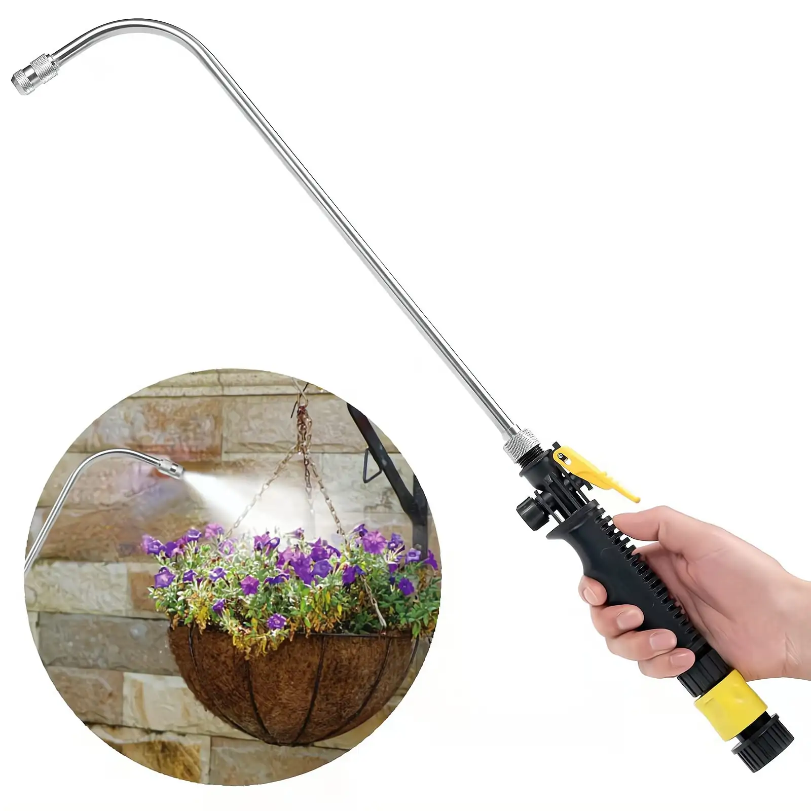 watering hanging plants with nozzle
