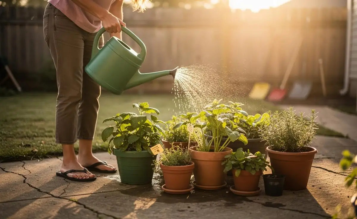 watering plants in morning