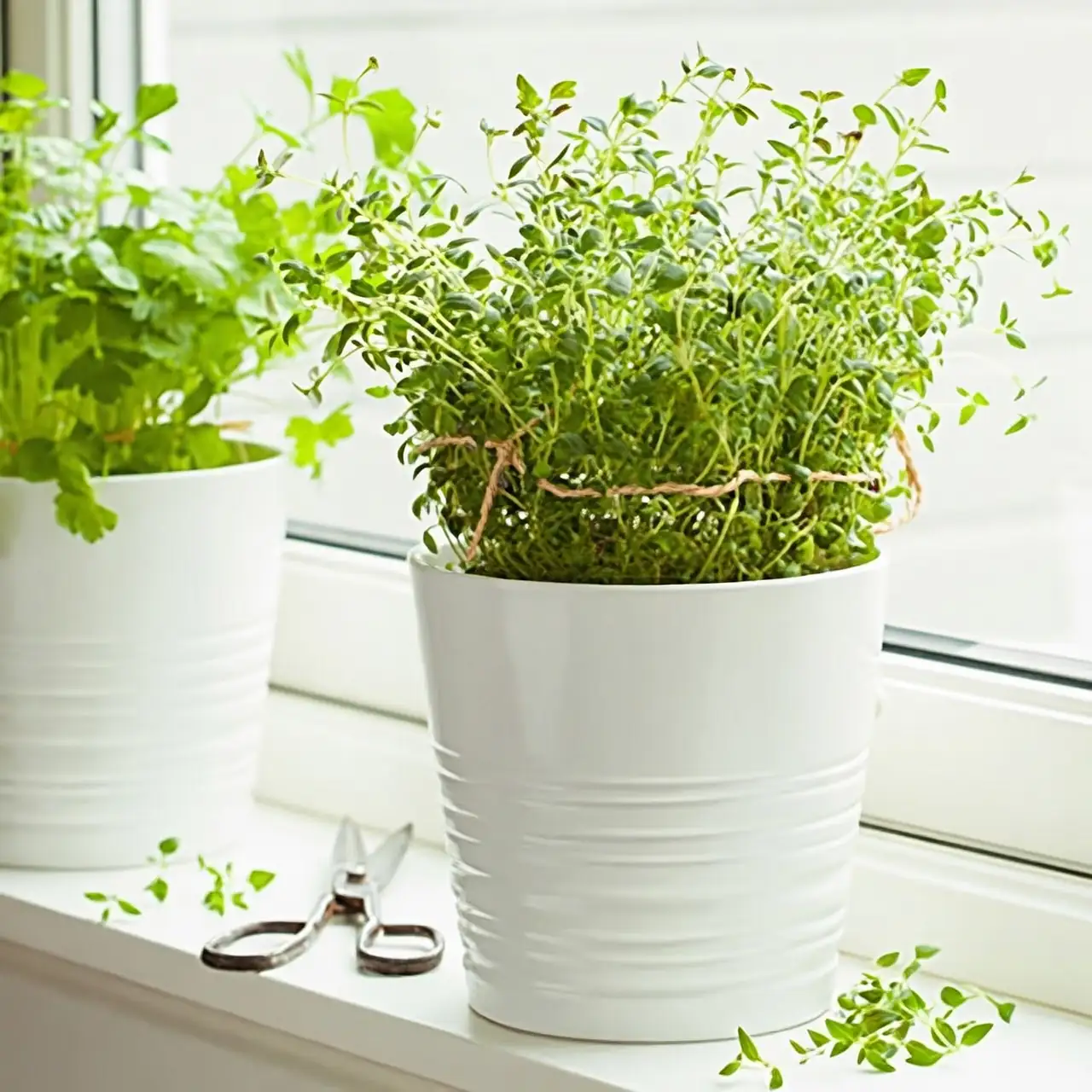 thyme plant in sunny windowsill