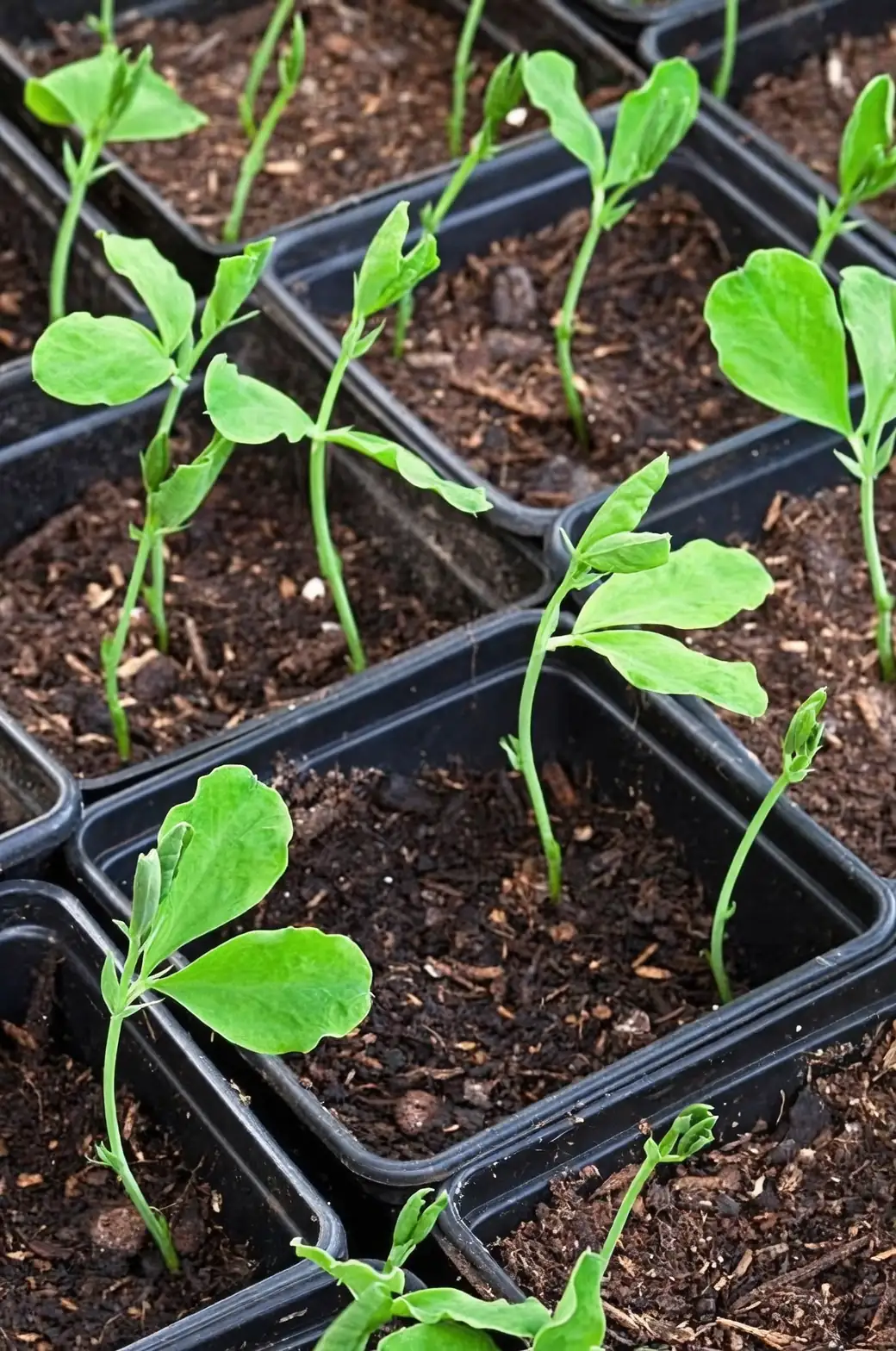 sweet pea seedlings in garden