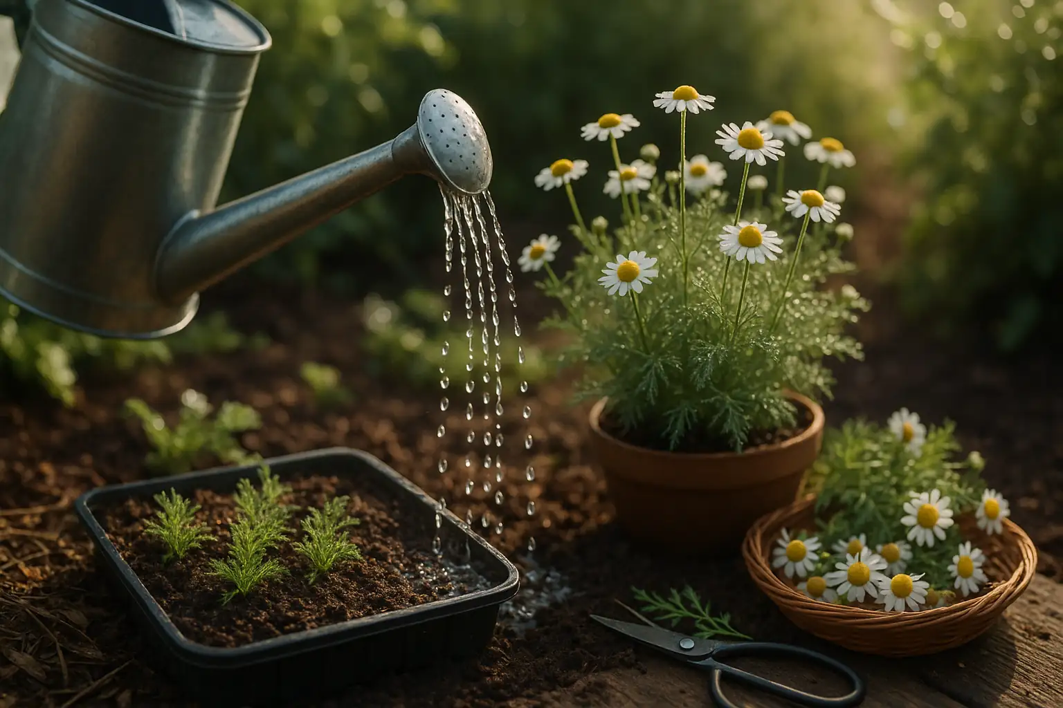 watering chamomile pot slow soak