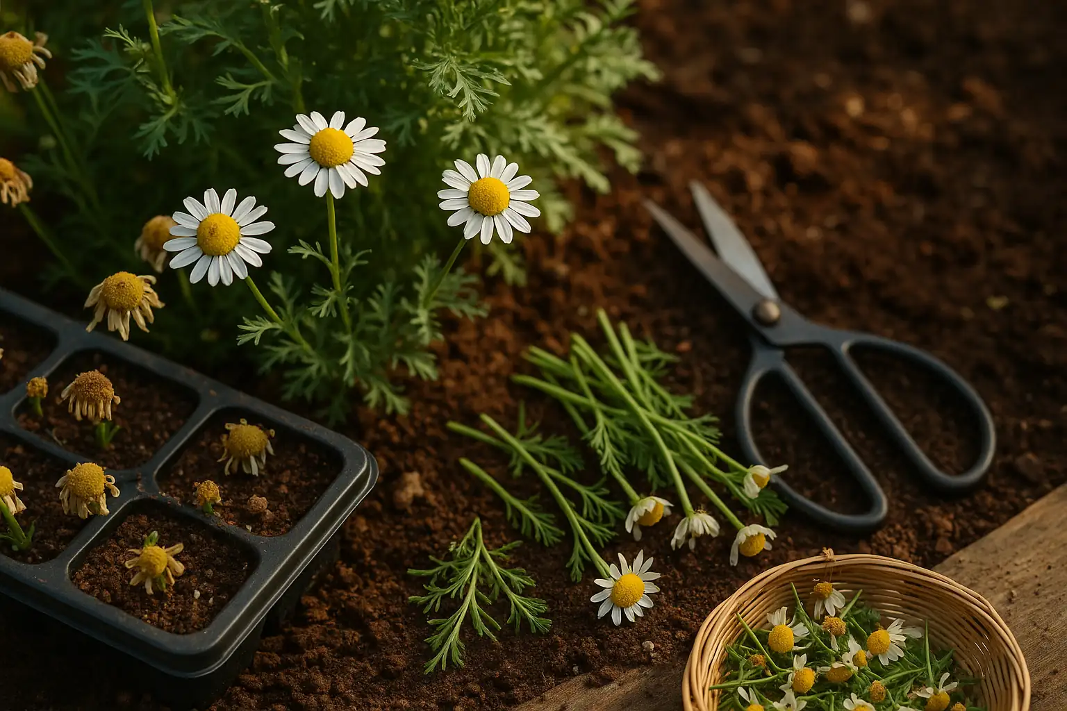 chamomile deadheading with scissors