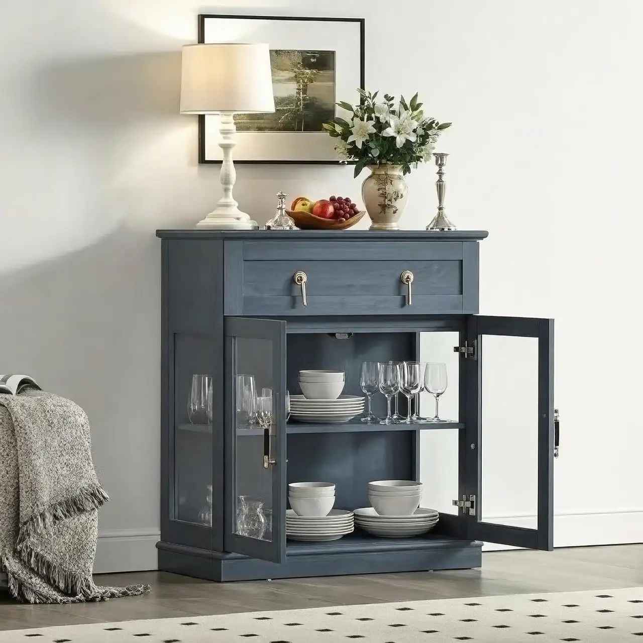 hydrangea in glass cabinet