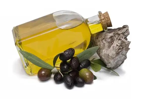 olive oil bottle and olives
