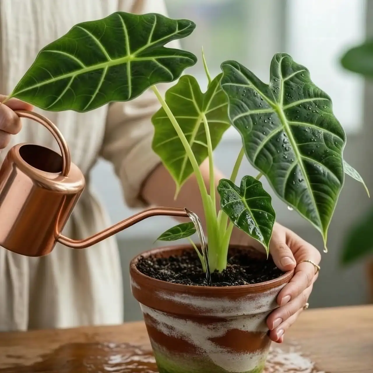 Alocasia soil moisture check hand