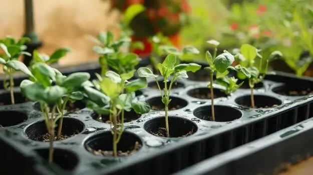 pansy seedlings tray close-up