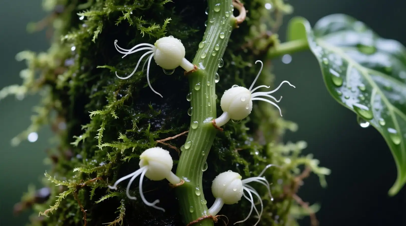 syngonium tying to moss pole close-up