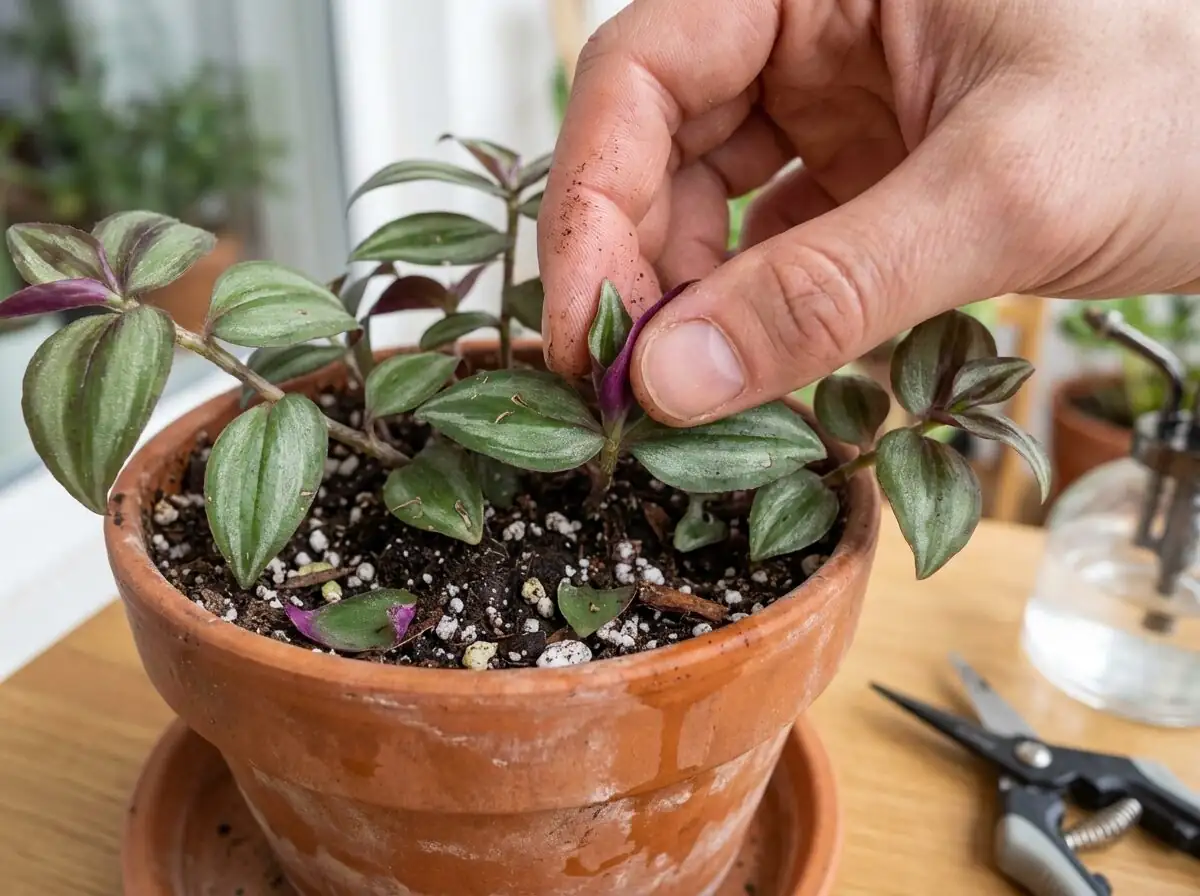 tradescantia zebrina pinching tips hand