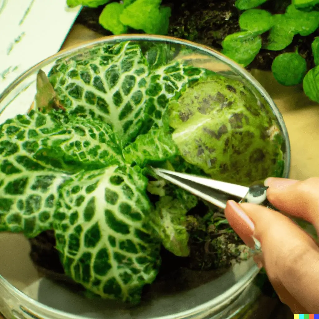 fittonia planting with tweezers