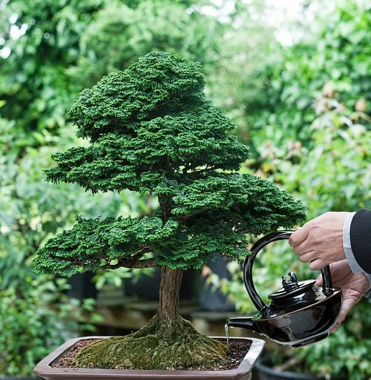 podocarpus bonsai watering hands