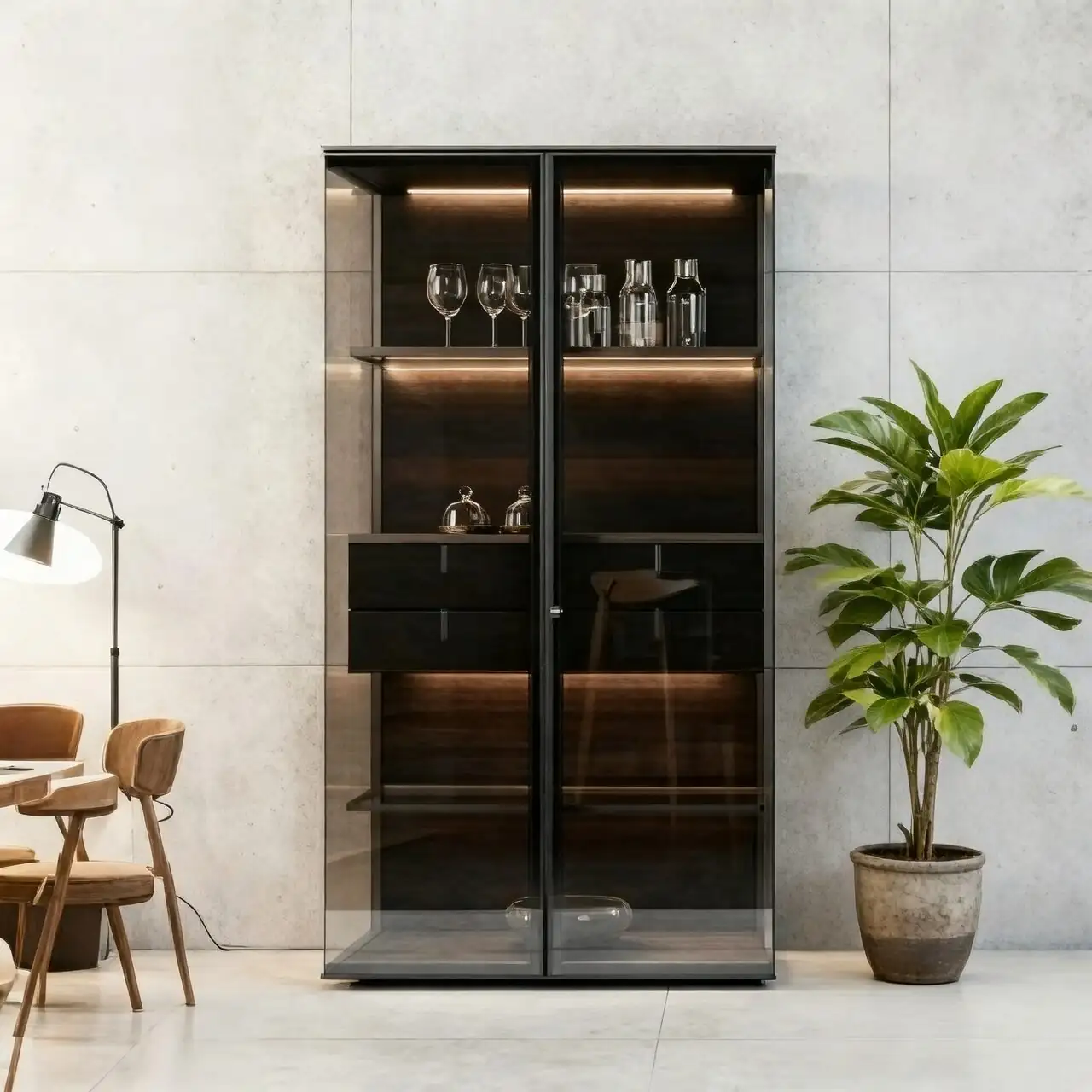 aluminum plant in glass cabinet