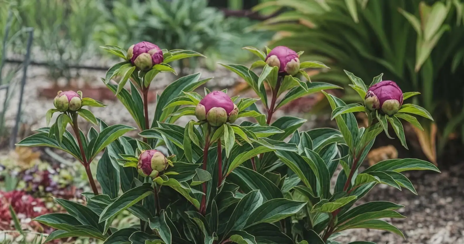peony spring shoots hand checking soil