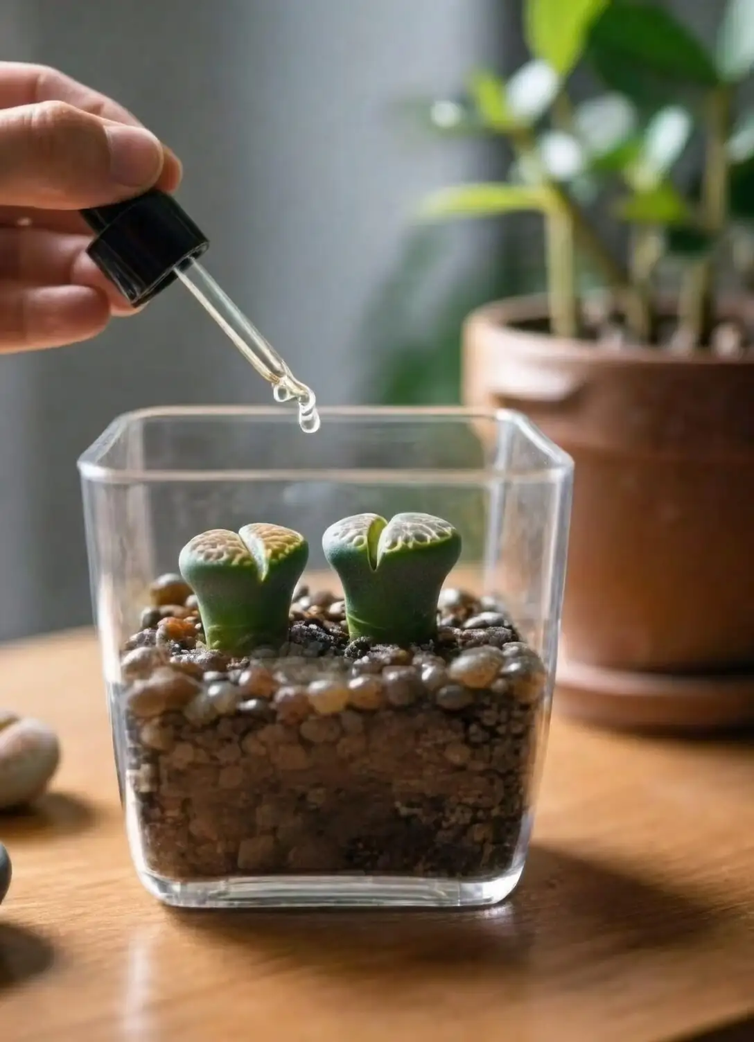 lithops watering along pot rim