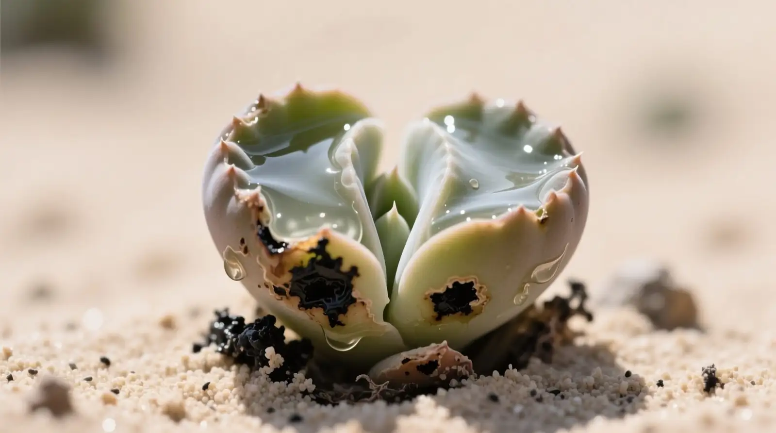 lithops translucent rot leaf close-up