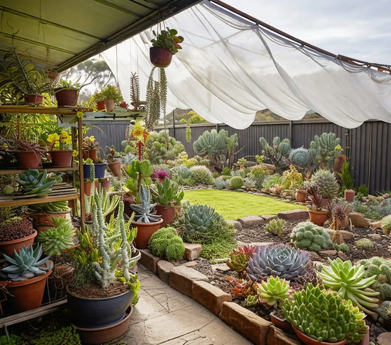 echeveria under shade cloth balcony