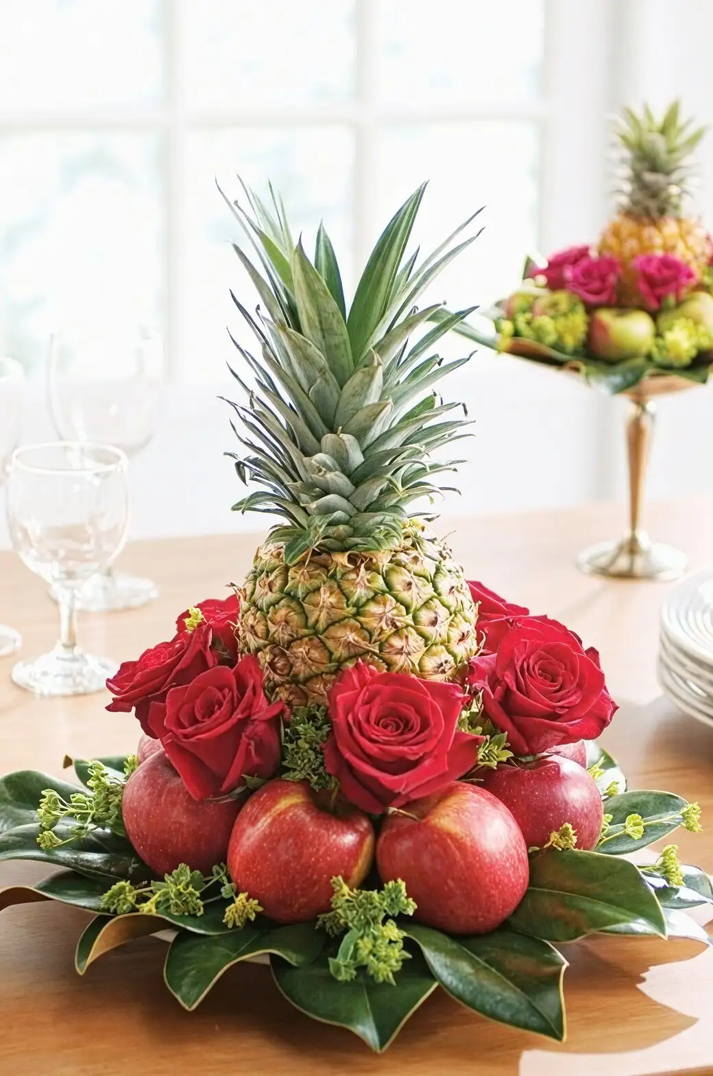 pineapple centerpiece with red ribbon